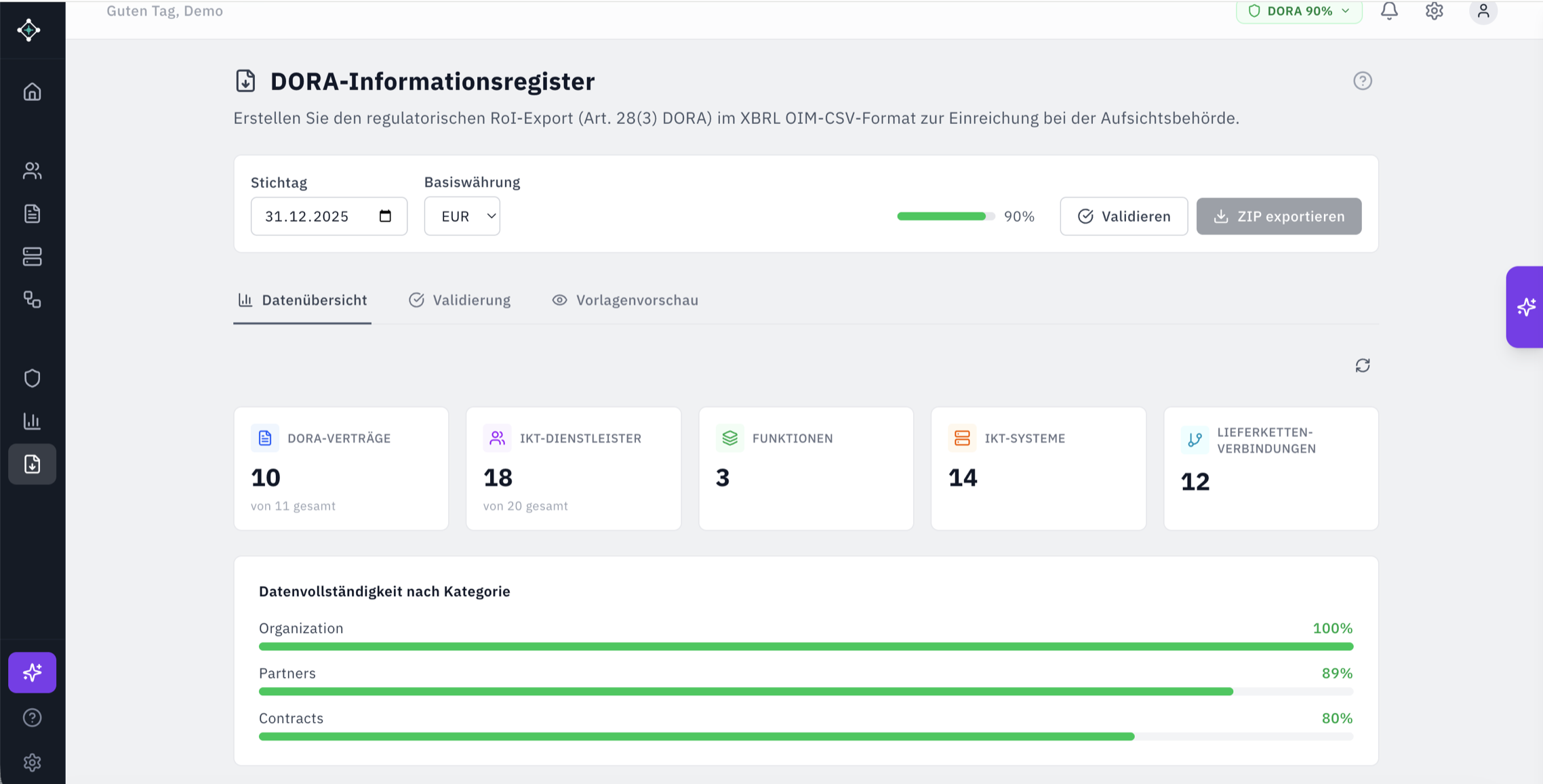 Register of Information: Completeness-Übersicht mit Export-Button für EBA-Format
