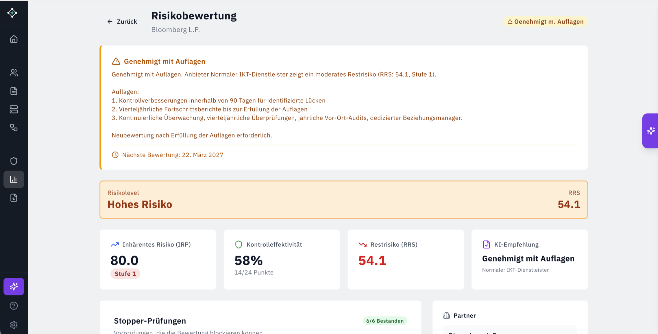 TPRA Risikoscoring: Detailseite mit IRP/CPS/RRS Scores und KI-gestützten Empfehlungen