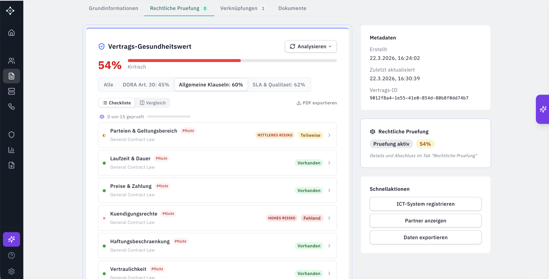 KI-Vertragsanalyse: Automatische Prüfung regulatorischer Pflichtklauseln mit Found, Partial und Missing Status
