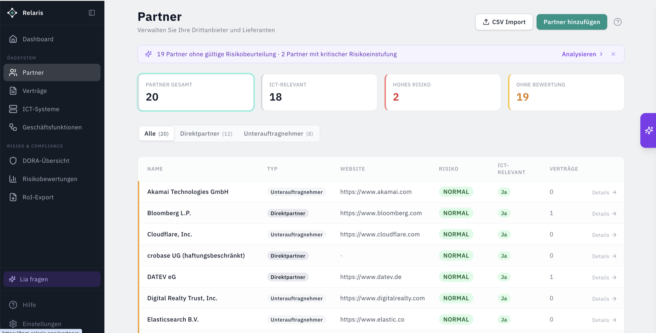Lieferanten-Register: Completeness-Übersicht mit Fortschrittsbalken und Export-Button