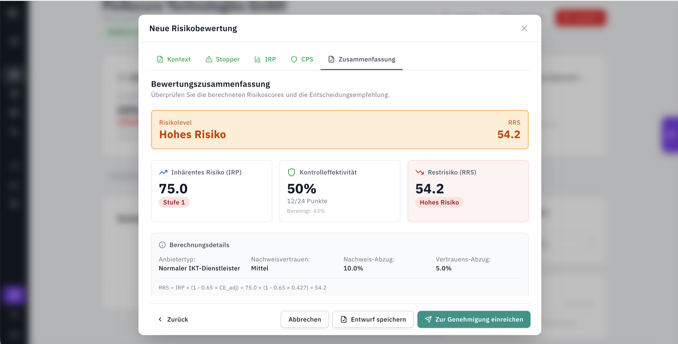 Quantitatives Risikoscoring: Detailseite mit Risk Scores und KI-gestützten Empfehlungen